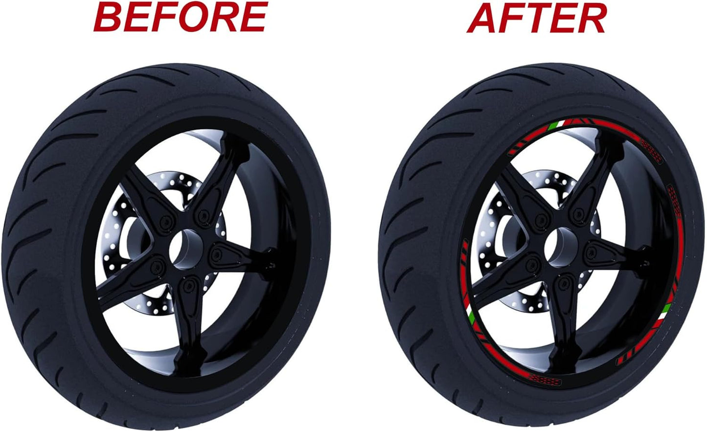 Adesivi Moto Cerchi 17" DualColorStampe – Strisce Rosse e Nere Sport per 2 Ruote – Facili da Applicare, Resistenti D0149