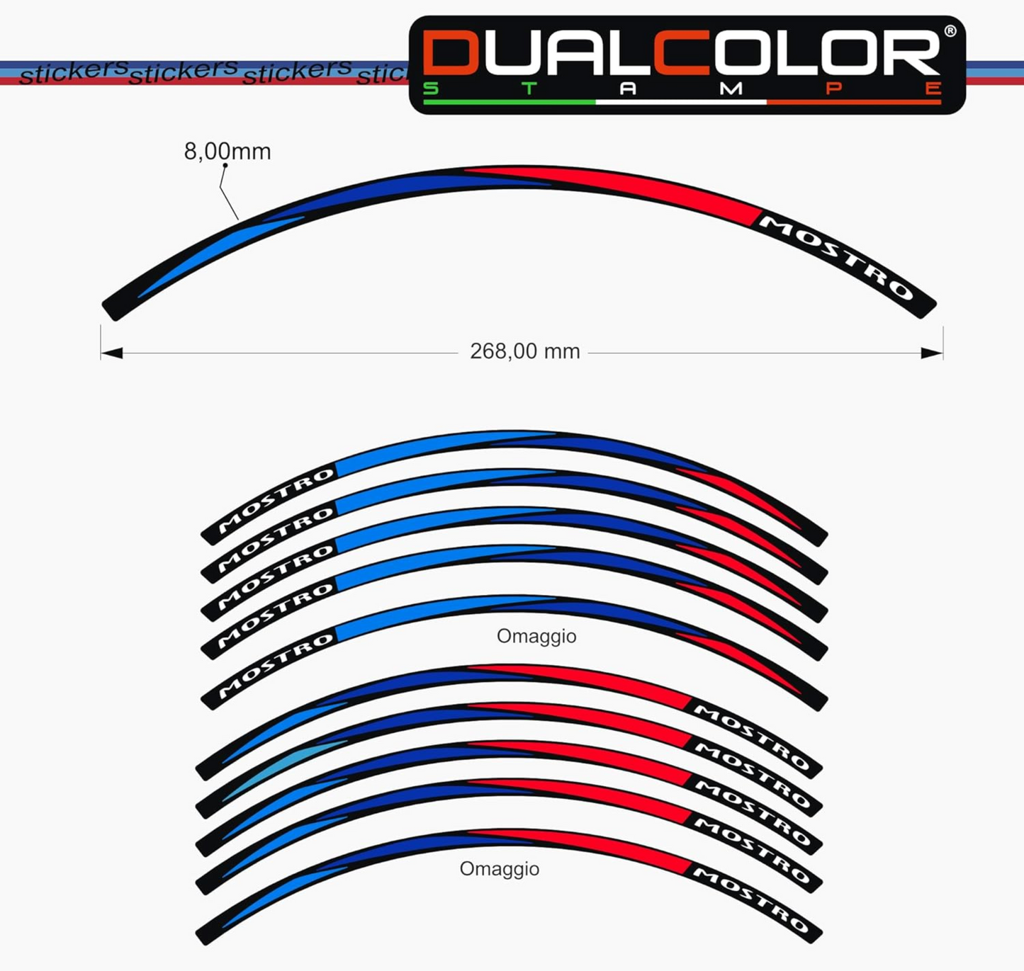 Set di Adesivi per cerchi moto in design GP, 10 stickers per cerchi da 15'' a 19'' pollici D0153