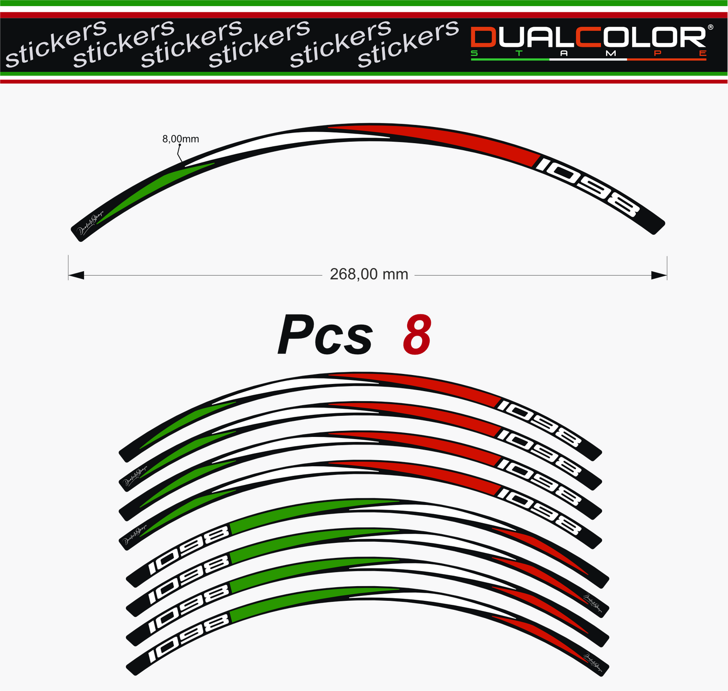 Adesivi Cerchi Moto Stampati – Set 10 Pezzi – Compatibili con Cerchi da 15" a 19" – Design Tricolore Rosso Verde Bianco – Scritta 1098 – Resistenti UV e Lavaggi D0154
