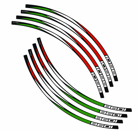 Adesivi Cerchi Moto Stampati – Set 10 Pezzi – Compatibili con Cerchi da 15" a 19" – Design Tricolore Rosso Verde Bianco – Scritta 1098 – Resistenti UV e Lavaggi D0154
