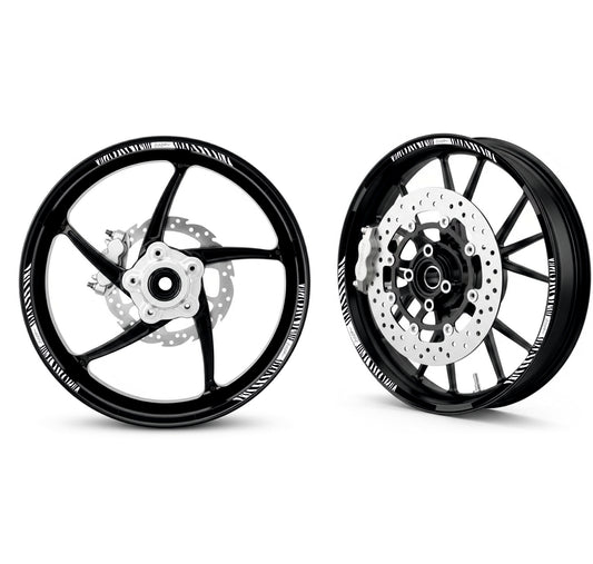 Set Completo Adesivi Cerchi Moto e Auto (2 Ruote) | Strisce Adesive Ruote 10mm Universali 15-19 Pollici | Decalcomanie Impermeabili Alta Resistenza | Colore Bianco e Nero D0158