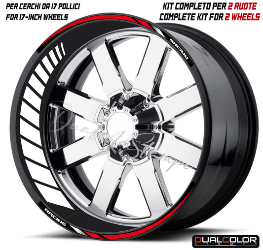 Adesivi per Cerchi Moto 17 Pollici, Kit Completo 2 Ruote, PVC Air Free, Racing, Stickers interno cerchio + Strisce, Applicazione Facile D0166
