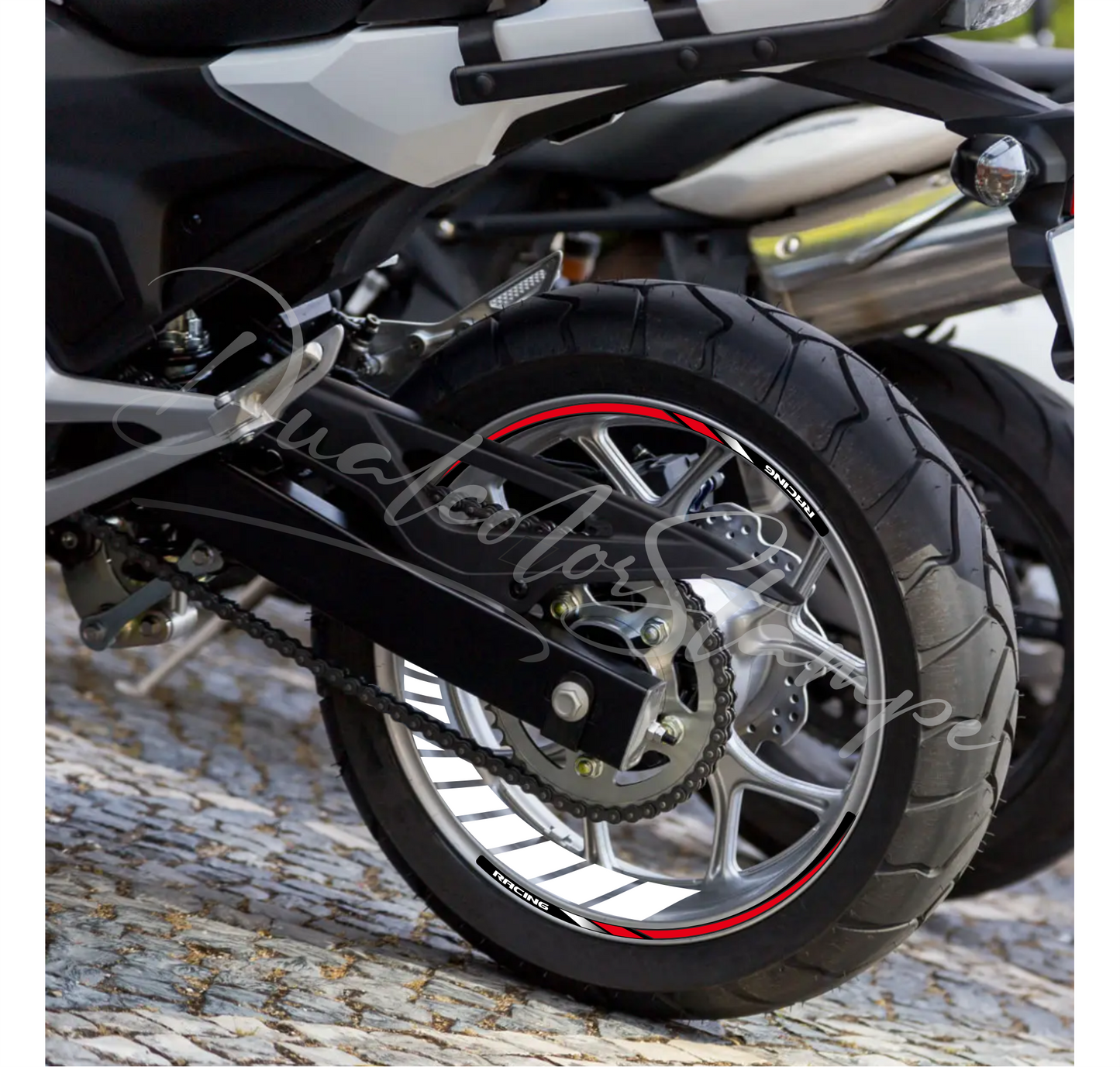 Adesivi per Cerchi Moto 17 Pollici, Kit Completo 2 Ruote, PVC Air Free, Racing, Stickers interno cerchio + Strisce, Applicazione Facile D0166