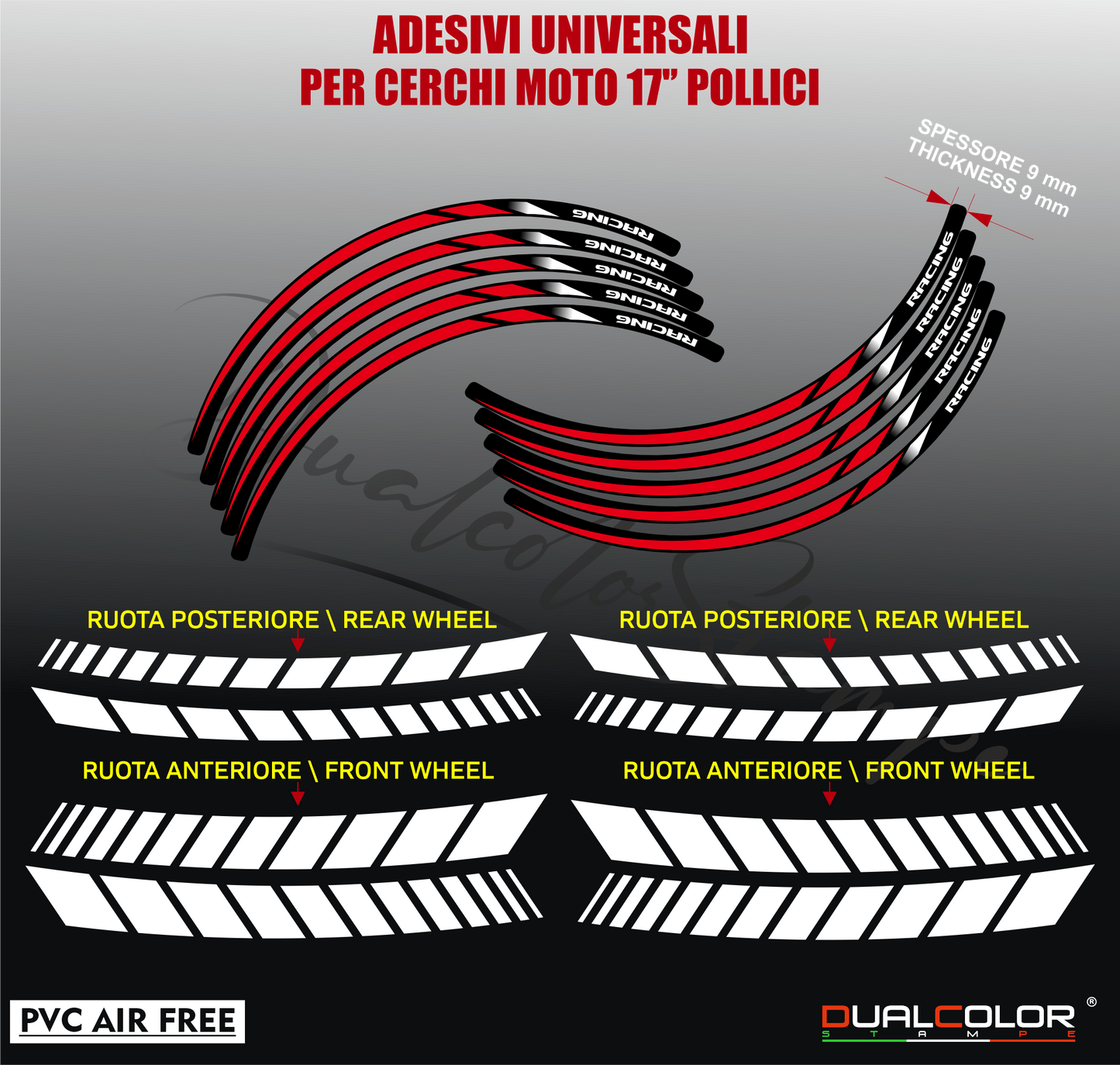 Adesivi per Cerchi Moto 17 Pollici, Kit Completo 2 Ruote, PVC Air Free, Racing, Stickers interno cerchio + Strisce, Applicazione Facile D0166