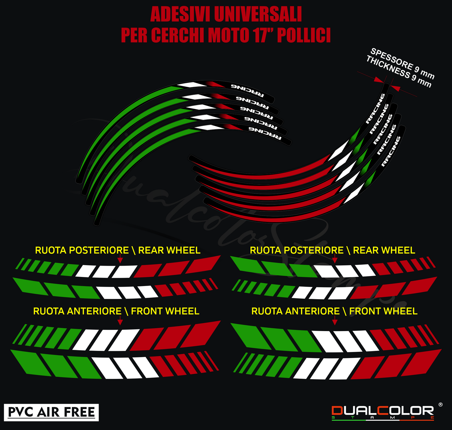 Kit Adesivi Professionali per Cerchi Moto 17" – Design Tricolore Racing – PVC Air Free D0167