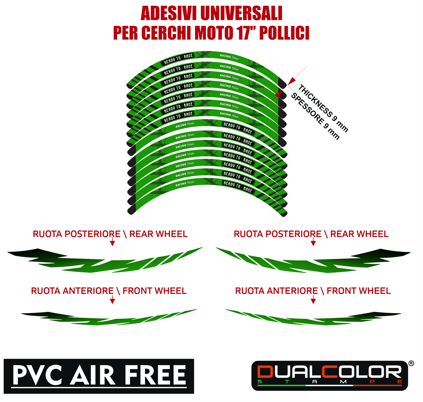Kit Adesivi Cerchi Moto 17" Verde Kawasaki - Interno e Bordi 9mm - D0168