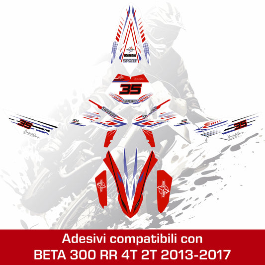 Adesivi compatibili con Beta RR 300 2T/4T 2013-2017 Kit Completo Adesivi Motocross, Sport Design, PVC Alta Resistenza, Rosso Bianco Blu M0344