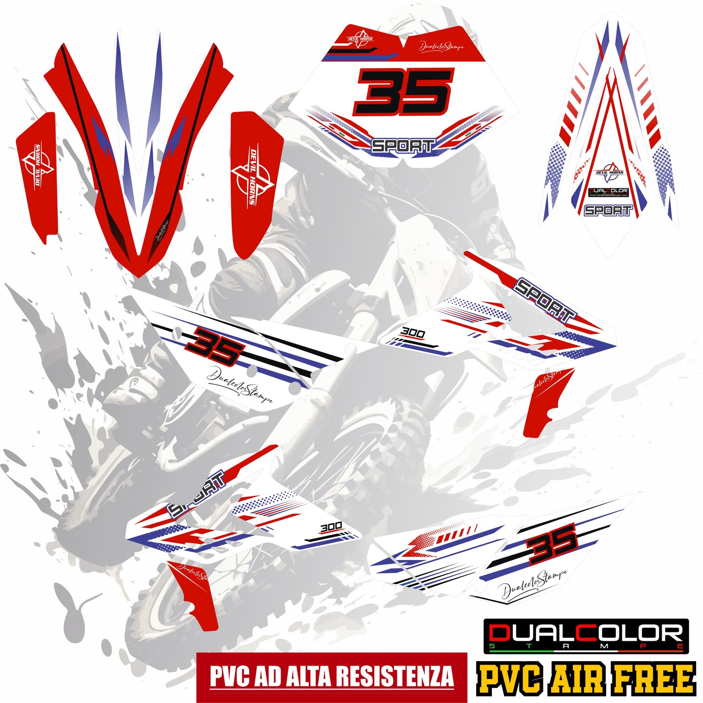 Adesivi compatibili con Beta RR 300 2T/4T 2013-2017 Kit Completo Adesivi Motocross, Sport Design, PVC Alta Resistenza, Rosso Bianco Blu M0344