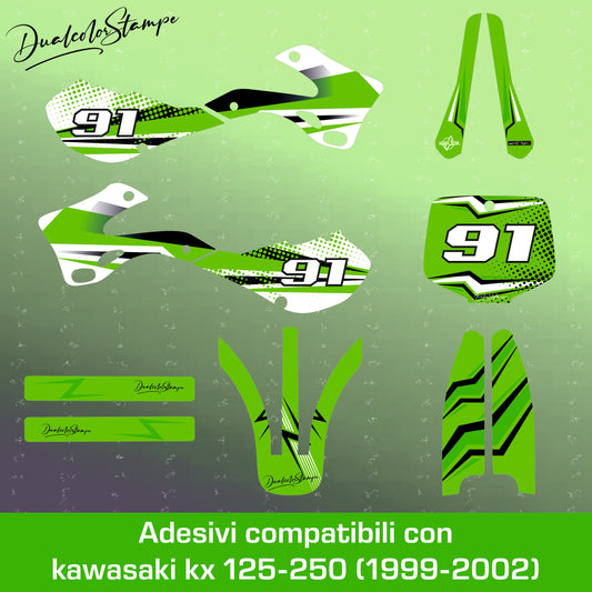 Adesivi Compatibili con Kawasaki KX 125-250, Motocross Enduro, Verde Numero 91, (1999-2000-2001-2002) Kit Grafiche ideali per wrapping M0346