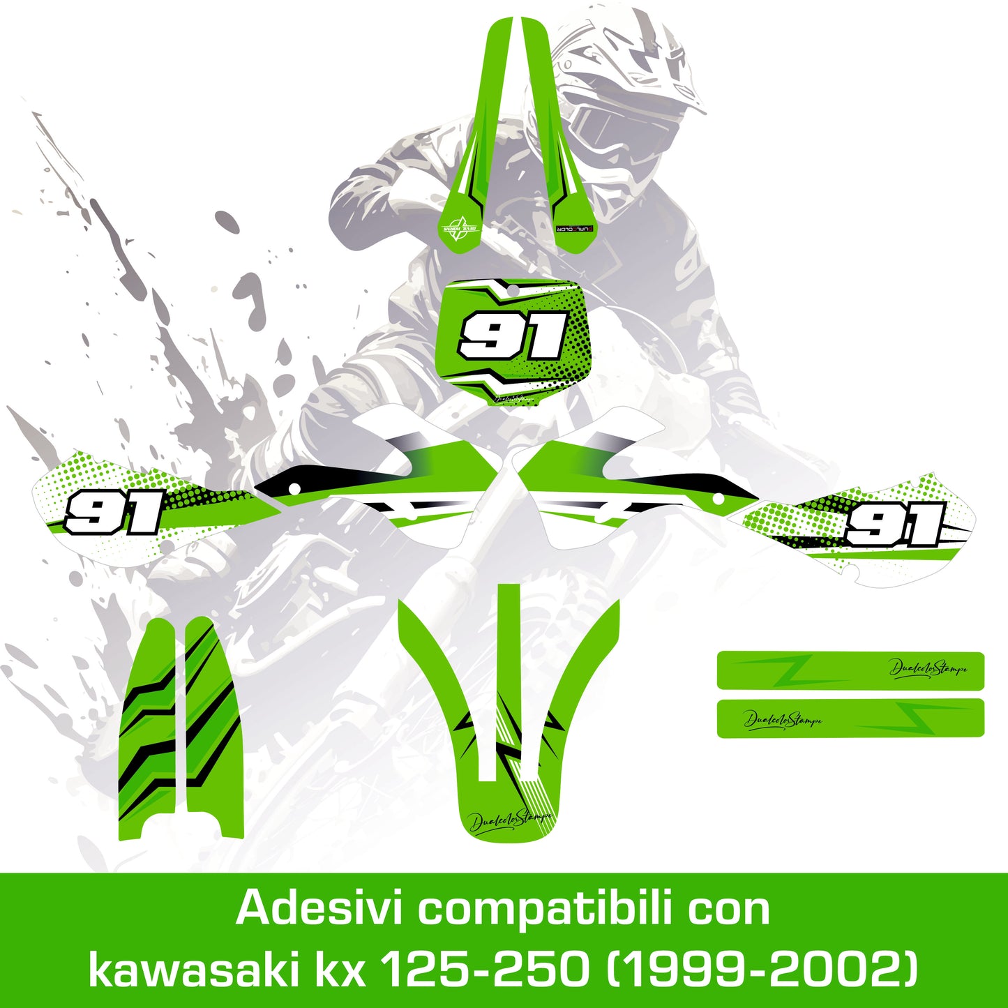 Adesivi Compatibili con Kawasaki KX 125-250, Motocross Enduro, Verde Numero 91, (1999-2000-2001-2002) Kit Grafiche ideali per wrapping M0346