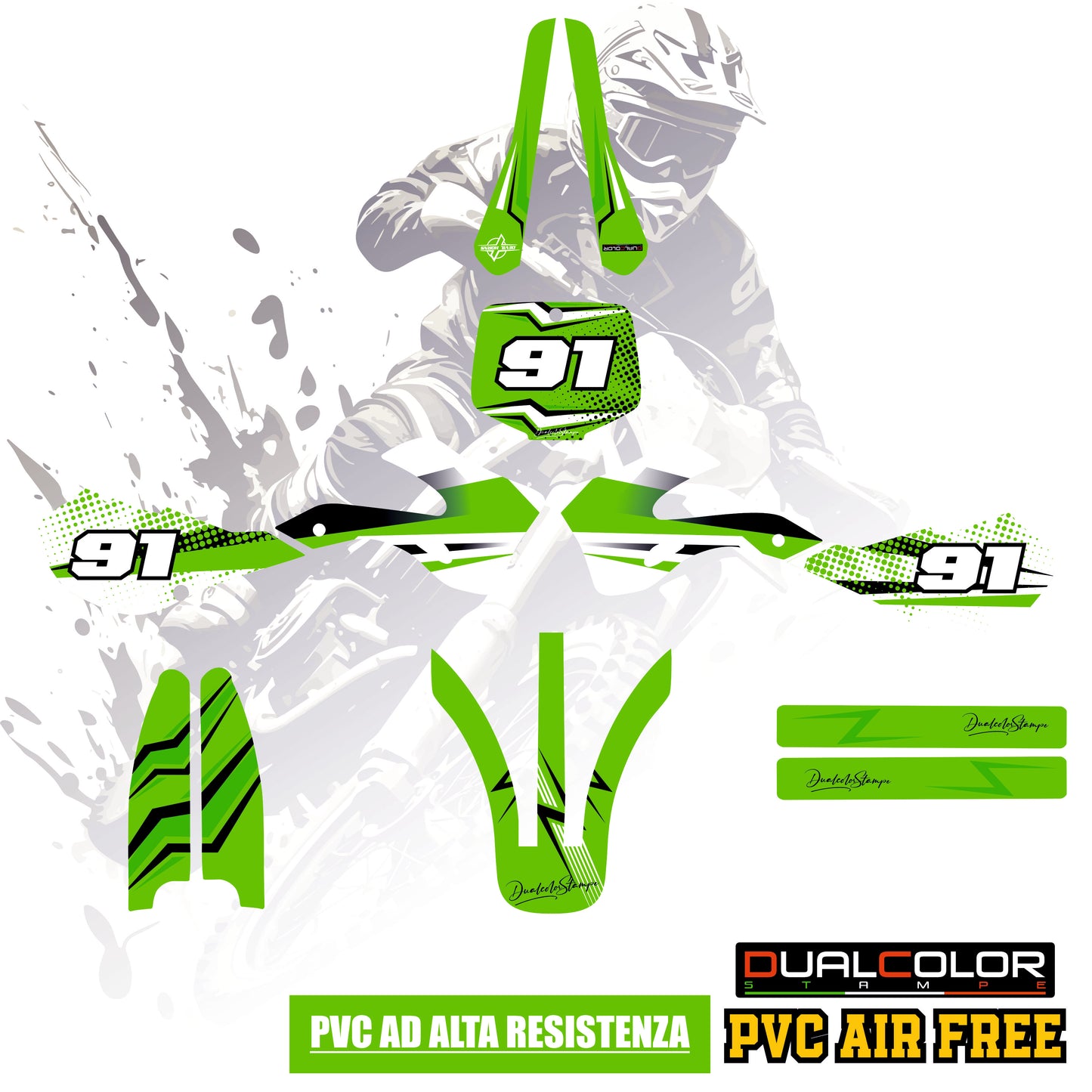 Adesivi Compatibili con Kawasaki KX 125-250, Motocross Enduro, Verde Numero 91, (1999-2000-2001-2002) Kit Grafiche ideali per wrapping M0346