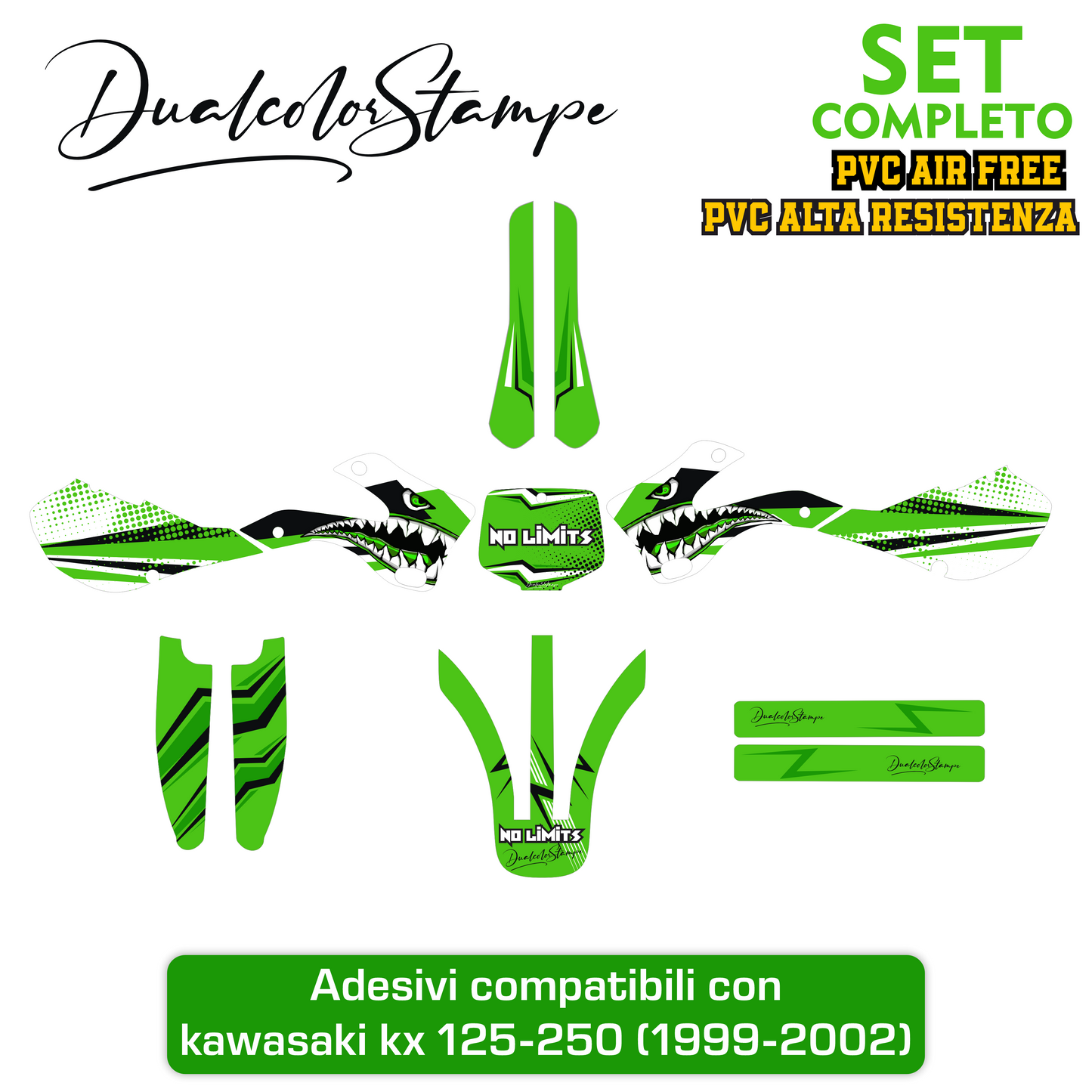 Adesivi Compatibili con Kawasaki KX 125-250, Set Completo Decalcomanie Grafiche per Moto Cross, Verde (1999-2002) Wrapping moto M0347