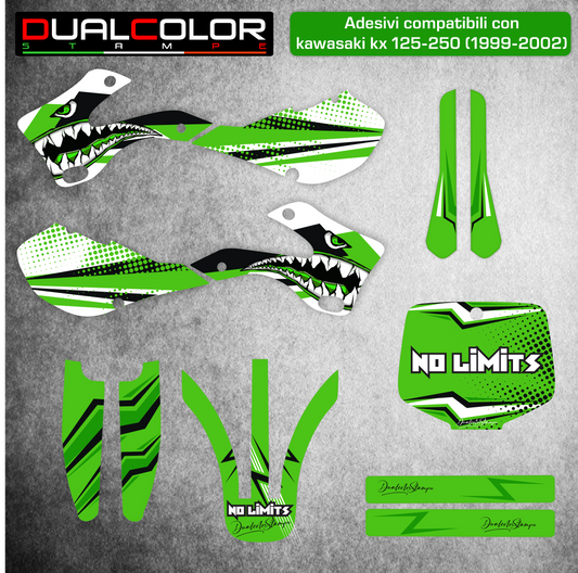 Adesivi Compatibili con Kawasaki KX 125-250, Set Completo Decalcomanie Grafiche per Moto Cross, Verde (1999-2002) Wrapping moto M0347