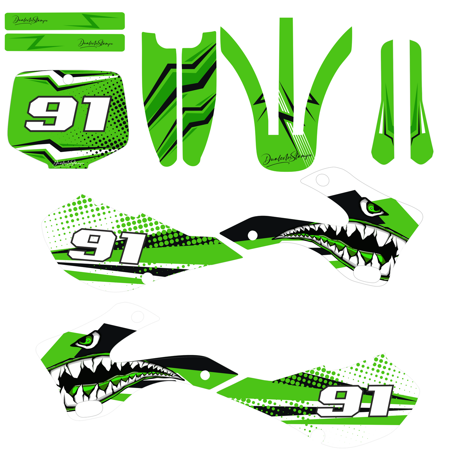 Kit Grafiche Adesivi Compatibili con Kawasaki KX 125/250 (1999-2002) - Stickers Motocross Enduro, Design Verde,Kit Completo Wrapping Moto M0350