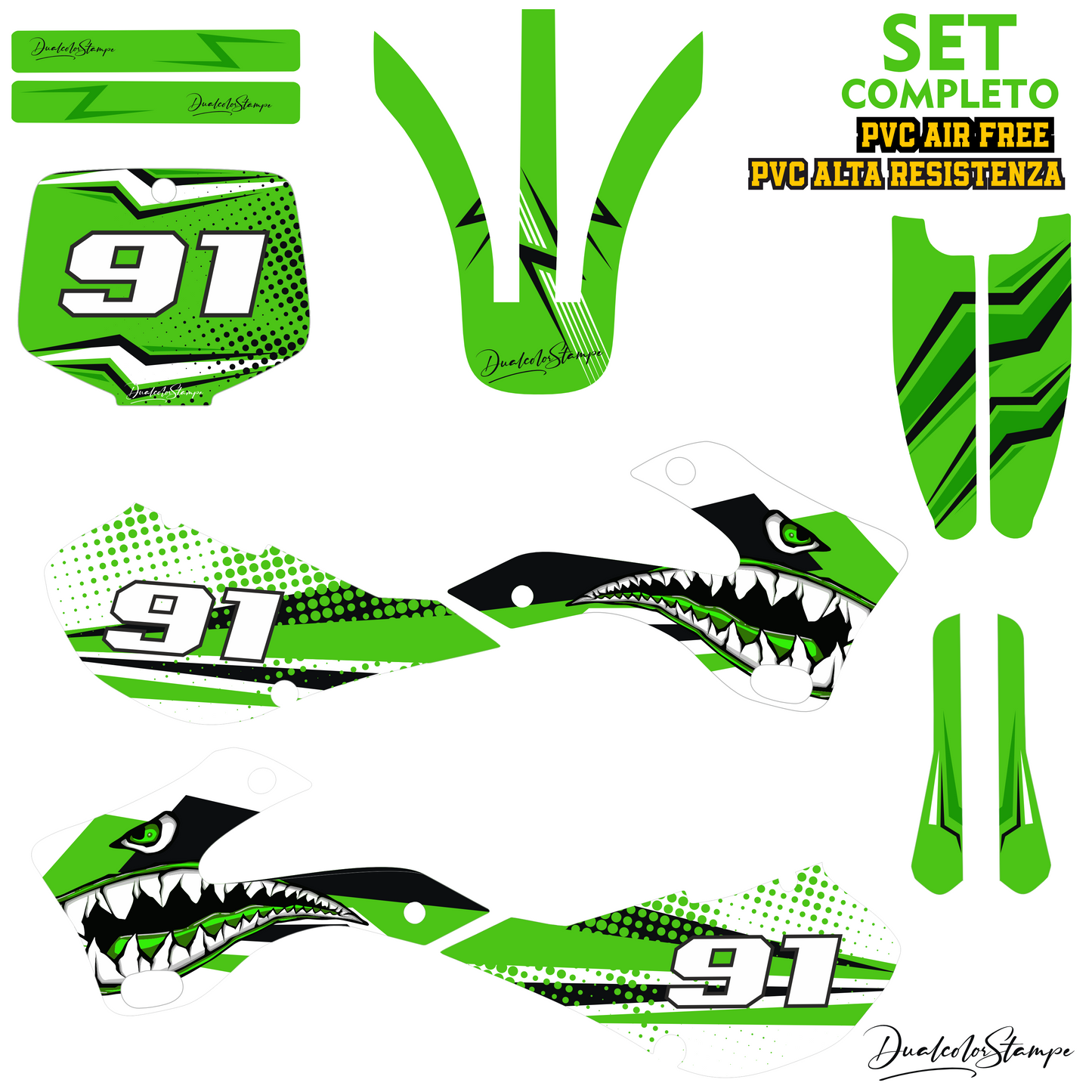 Kit Grafiche Adesivi Compatibili con Kawasaki KX 125/250 (1999-2002) - Stickers Motocross Enduro, Design Verde,Kit Completo Wrapping Moto M0350