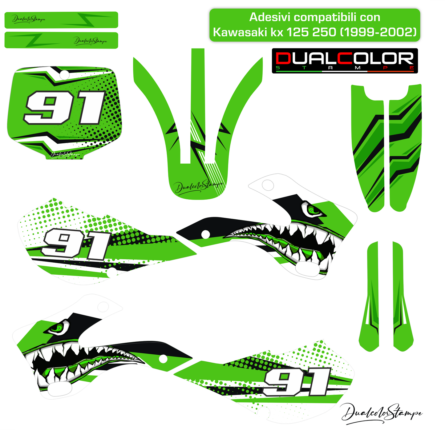 Kit Grafiche Adesivi Compatibili con Kawasaki KX 125/250 (1999-2002) - Stickers Motocross Enduro, Design Verde,Kit Completo Wrapping Moto M0350