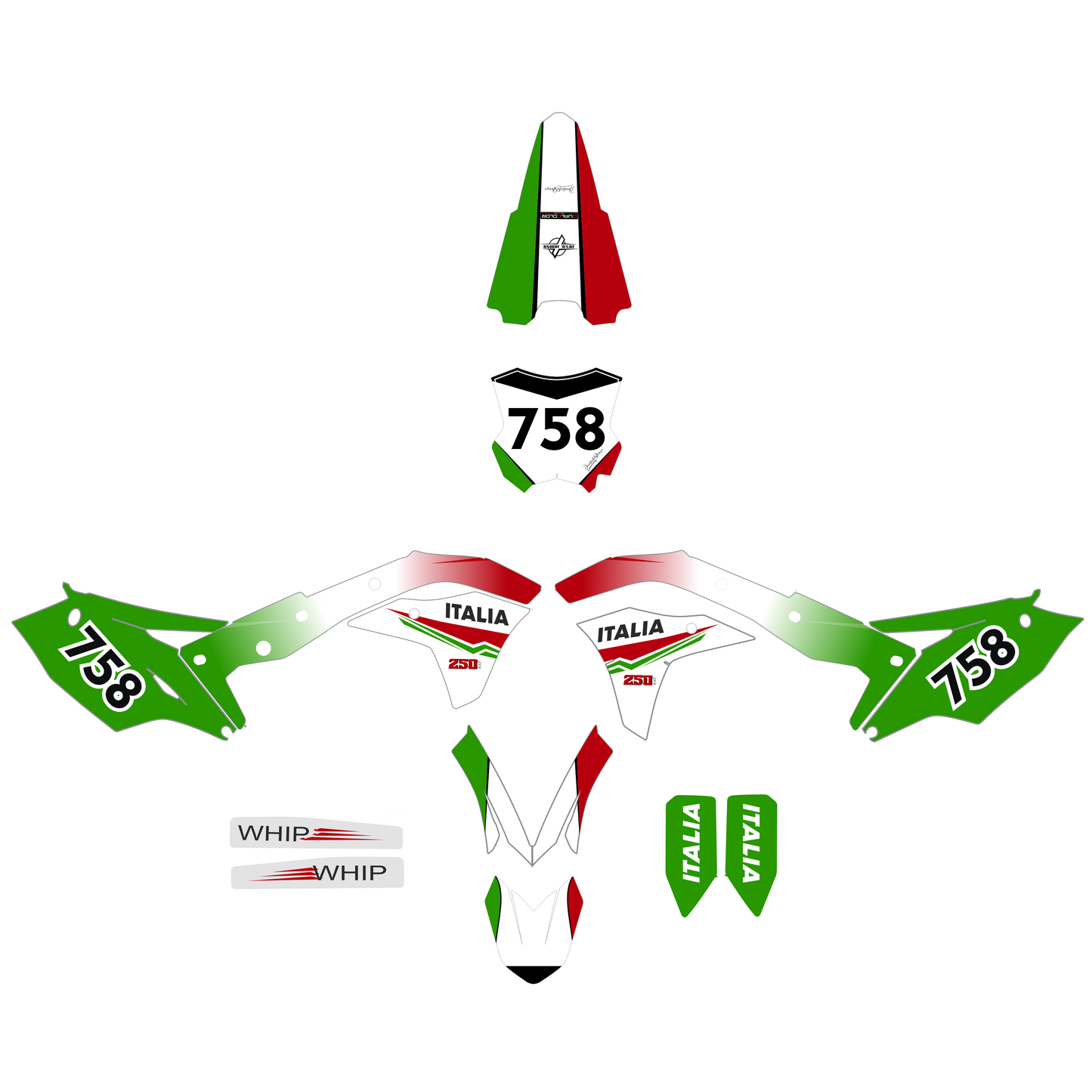 Adesivi compatibili con Kawasaki KFX 250 2017-2020, Design Italia Tricolore con Numero 758, Set Completo PVC Alta Resistenza,Kit Adesivi Grafiche M0351