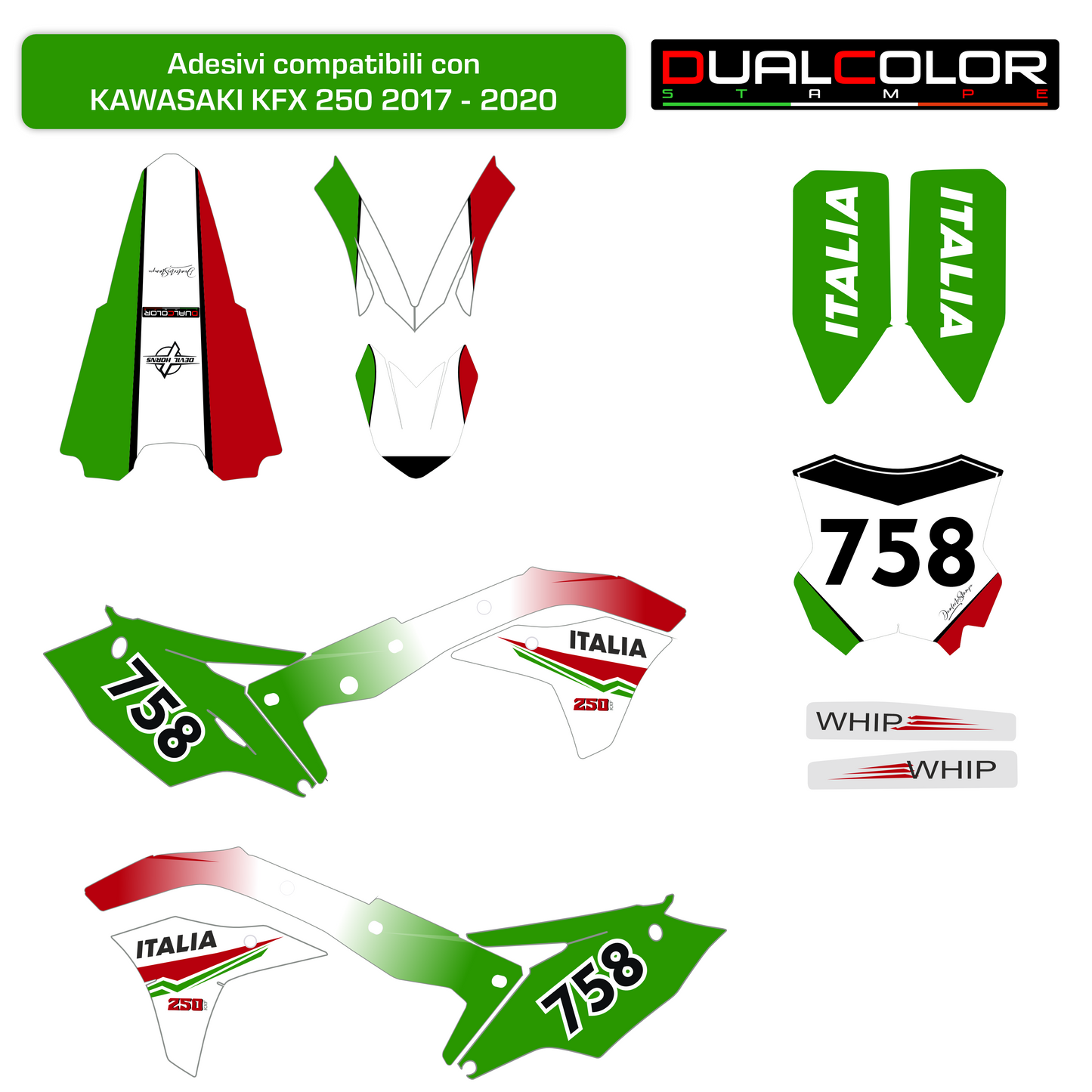 Adesivi compatibili con Kawasaki KFX 250 2017-2020, Design Italia Tricolore con Numero 758, Set Completo PVC Alta Resistenza,Kit Adesivi Grafiche M0351