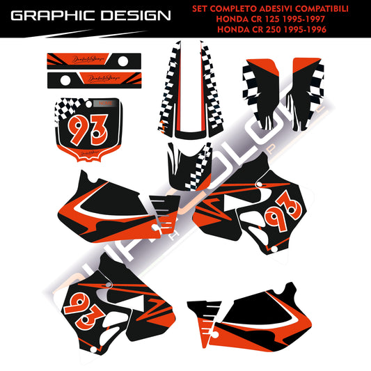 Kit Adesivi Grafiche Compatibili con Honda CR 125 1995-1997 e CR 250 1995-1996, Design Racing Numero 93, Nero Arancione Bianco M0363