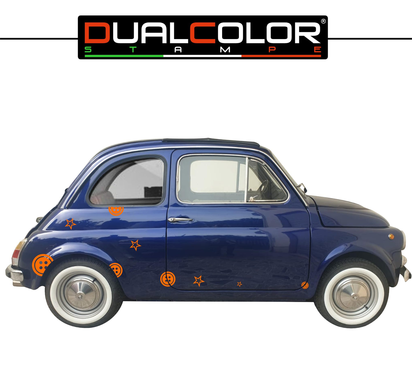 DualColorStampe Adesivi Compatibili con Fiat 500L (ANNO 1972) stickers Stelle Bottoni tuning decal adesivi auto fiancata laterale COD.0362