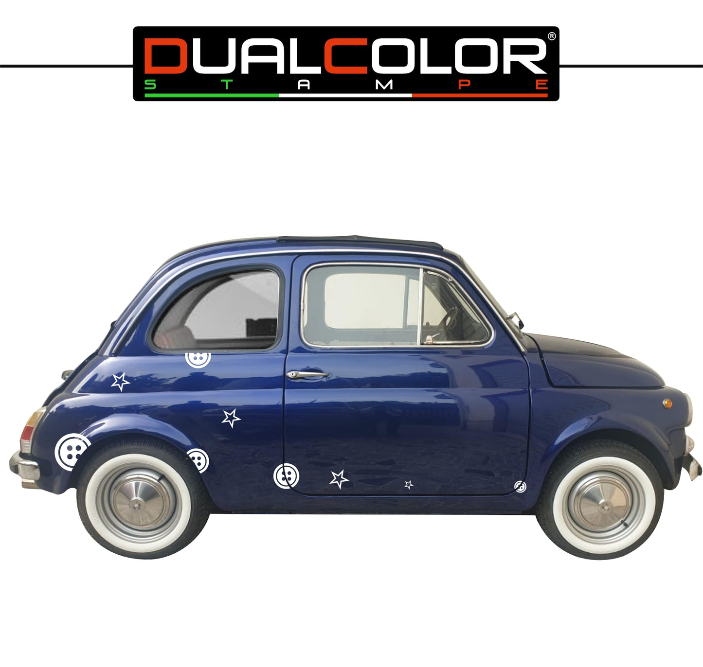 DualColorStampe Adesivi Compatibili con Fiat 500L (ANNO 1972) stickers Stelle Bottoni tuning decal adesivi auto fiancata laterale COD.0362