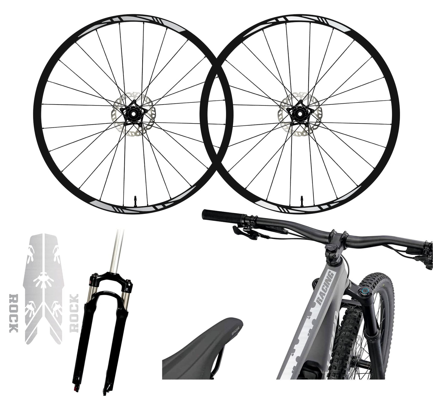 Set completo Adesivi Cerchi Bici MTB 26'' - 27,5'' - 28-29'' Pollici, adesivi forcella MTB, adesivi telaio MTB mani B0067 a €45.00 solo da DualColorStampe